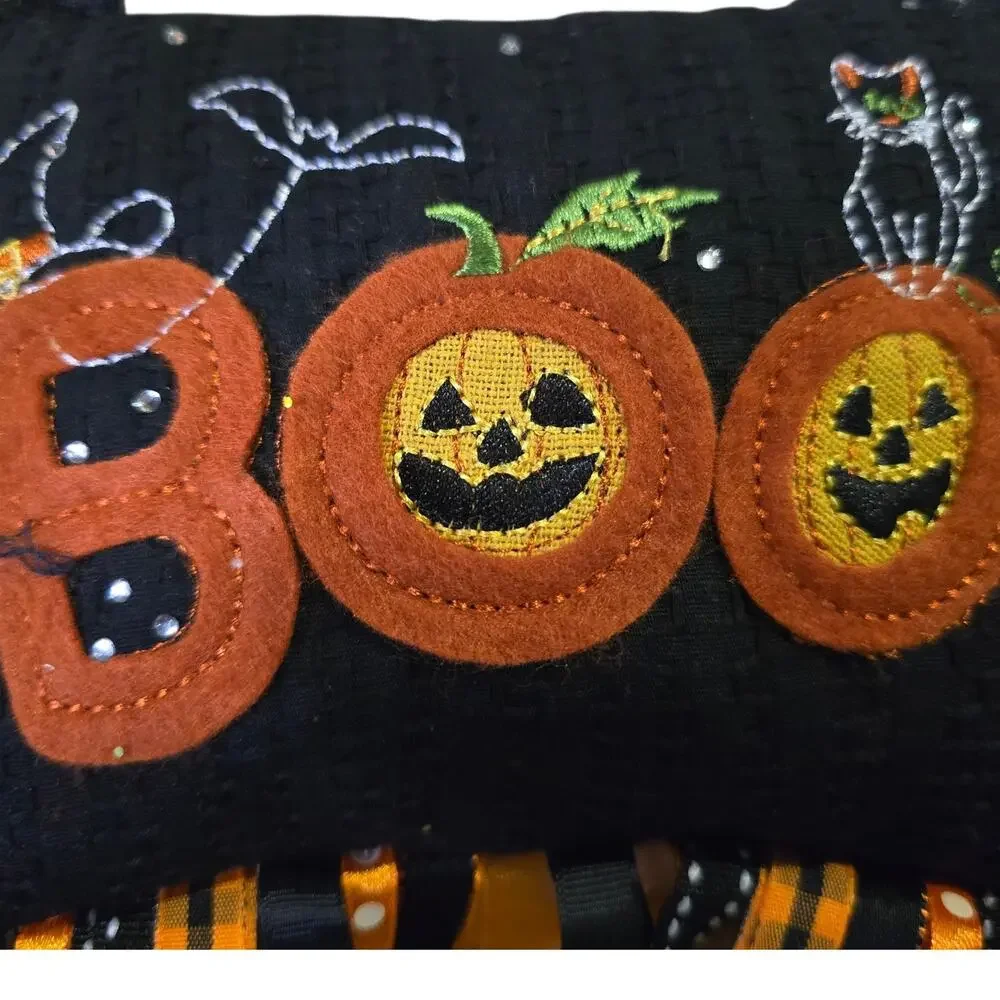 Halloween BOO Embroidered Pumpkin Pillow Holiday Door Hanger Witch Cat Pumpkin